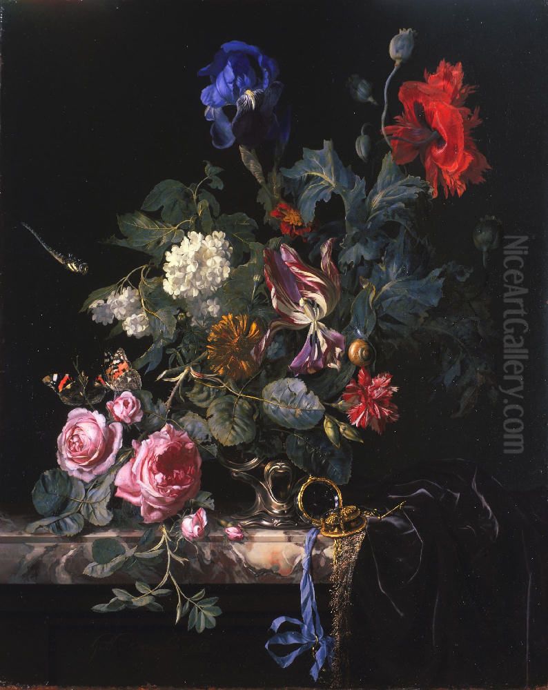 Flowers in a silver vase with a watch Oil Painting by Willem Van Aelst