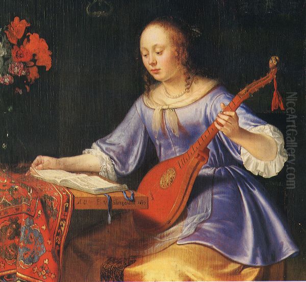 Woman with Cittern Oil Painting by Pieter Cornelisz van Slingelandt