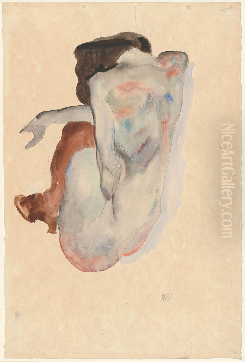 Crouching Nude in Shoes and Black Stockings, Back View Oil Painting by Egon Schiele