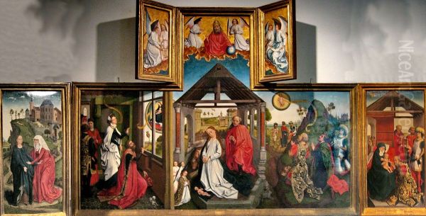 De visitatie (links), de verkondiging aan Augustus, de geboorte en de verkondiging aan de herders (midden), de aanbidding van de Wijzen (rechts) Oil Painting by Rogier van der Weyden