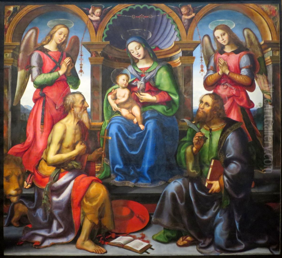 Madonna Enthroned with Saints and Angels Oil Painting by Raffaellino del Garbo