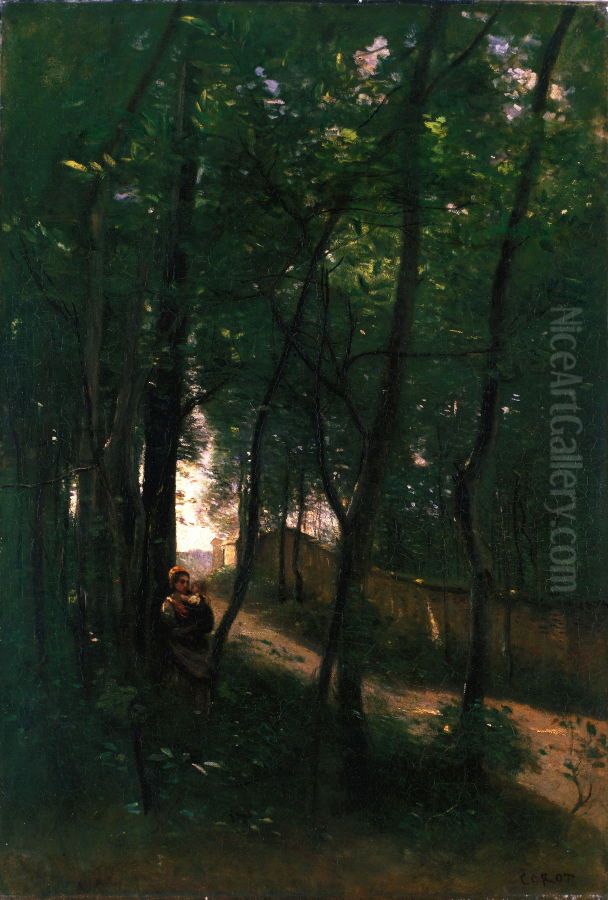 Landscape with Woman and Child Oil Painting by Jean-Baptiste Camille Corot