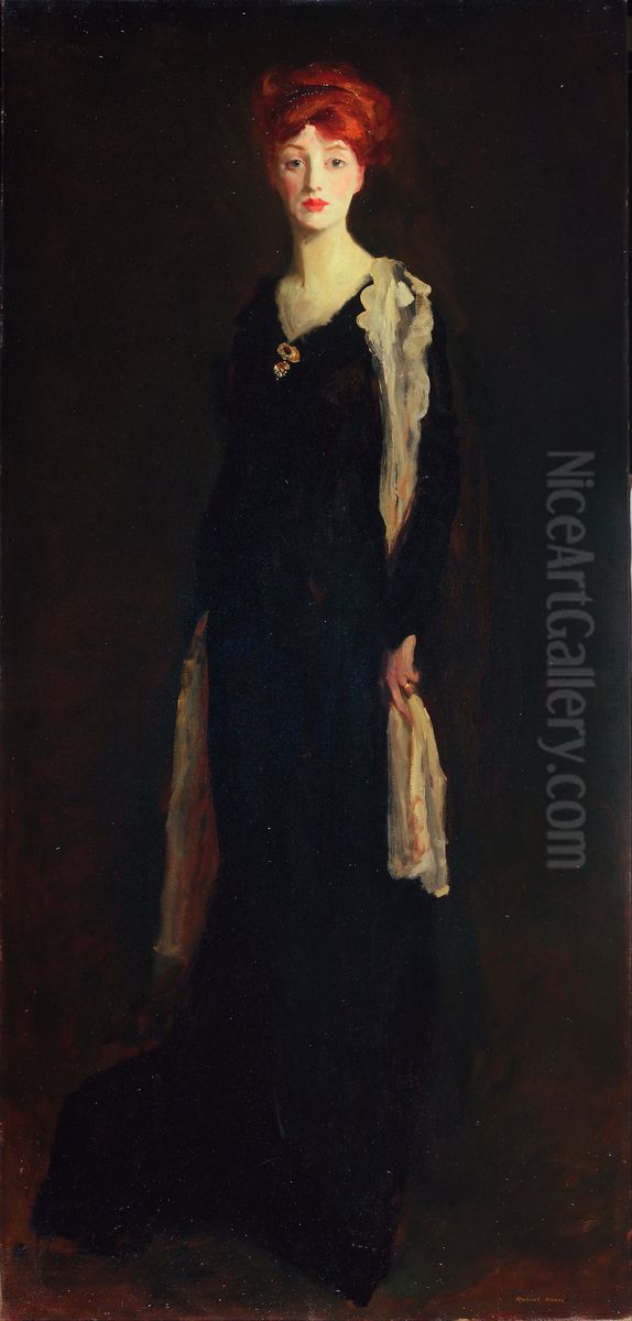 Lady in Black with Spanish Scarf (O in Black with a Scarf) Oil Painting by Robert Henri