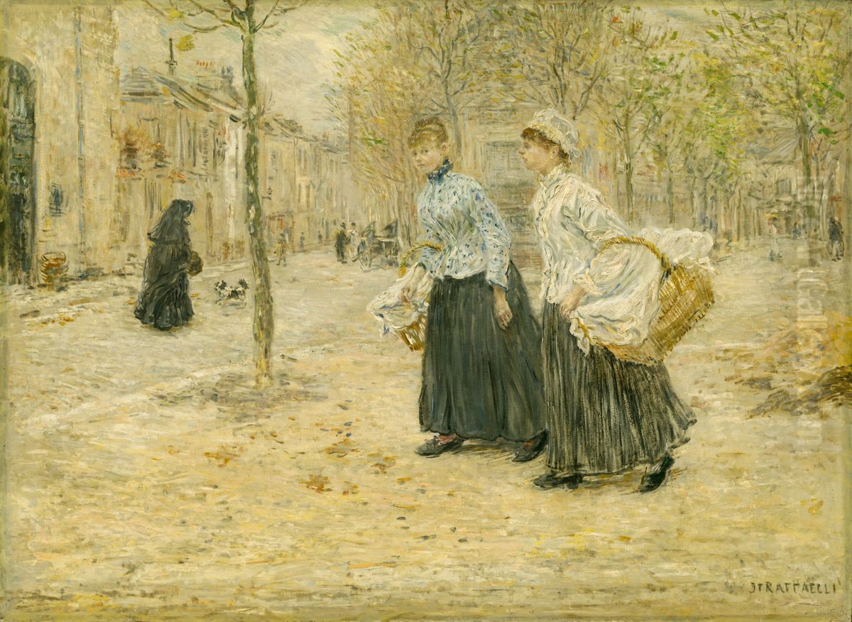 Two Washerwomen Crossing a Small Park in Paris Oil Painting by Jean-Francois Raffaelli