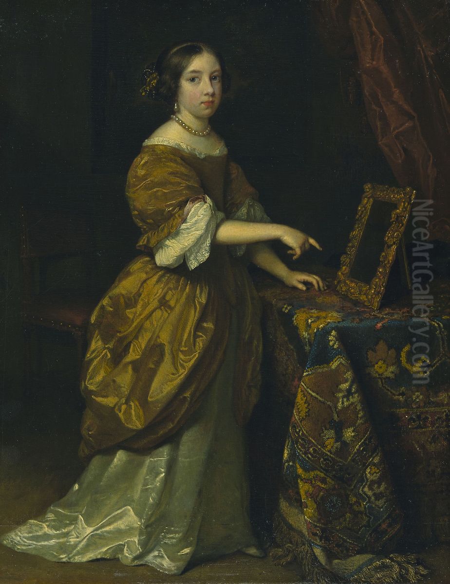 Girl Standing before a Mirror Oil Painting by Caspar Netscher