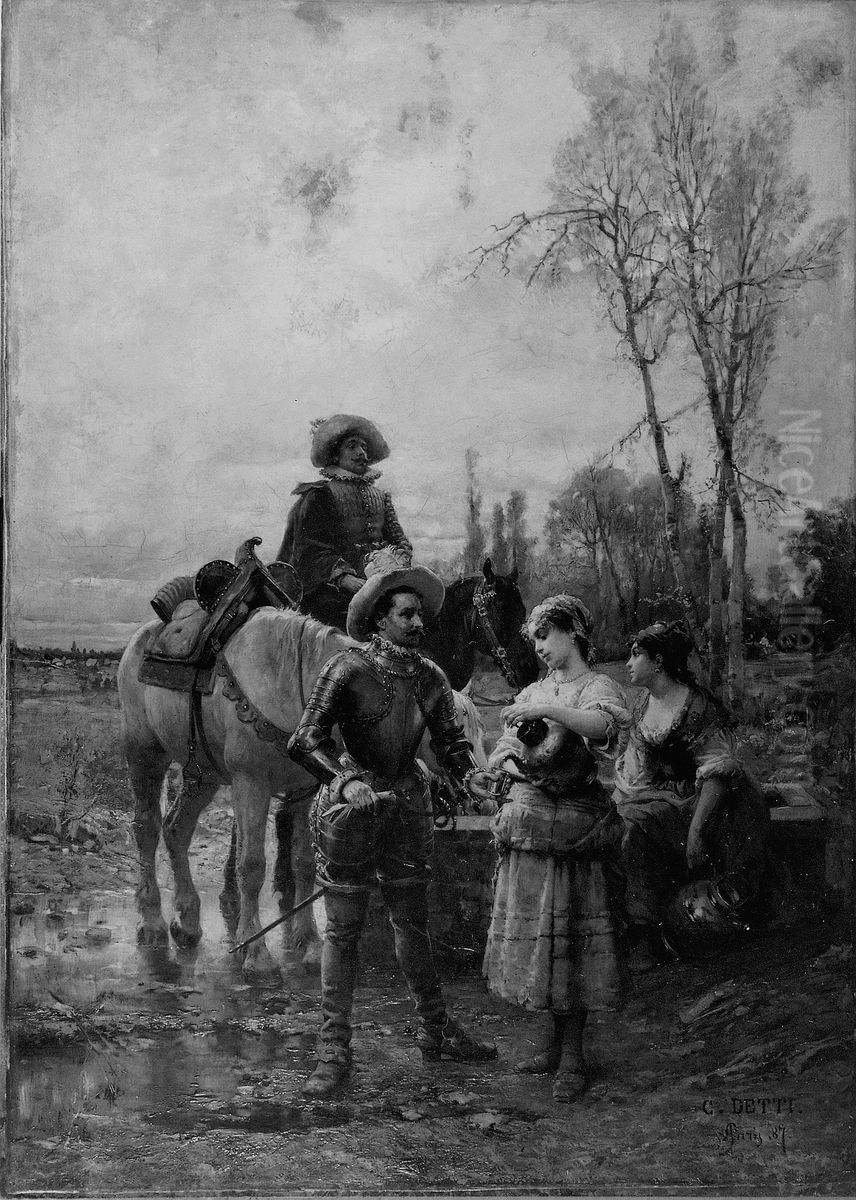 At the Fountain Oil Painting by Cesare Augusto Detti