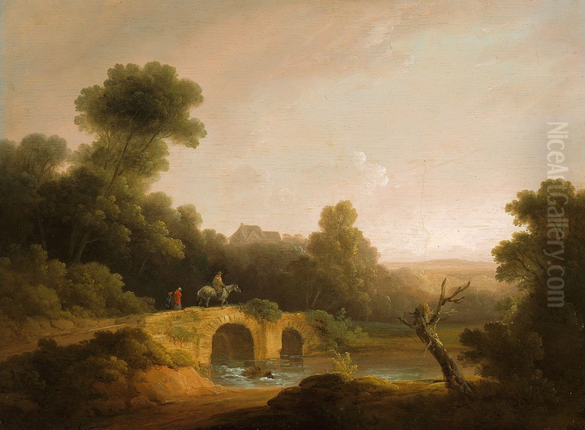 Landscape with Figures Crossing a Bridge Oil Painting by John Rathbone