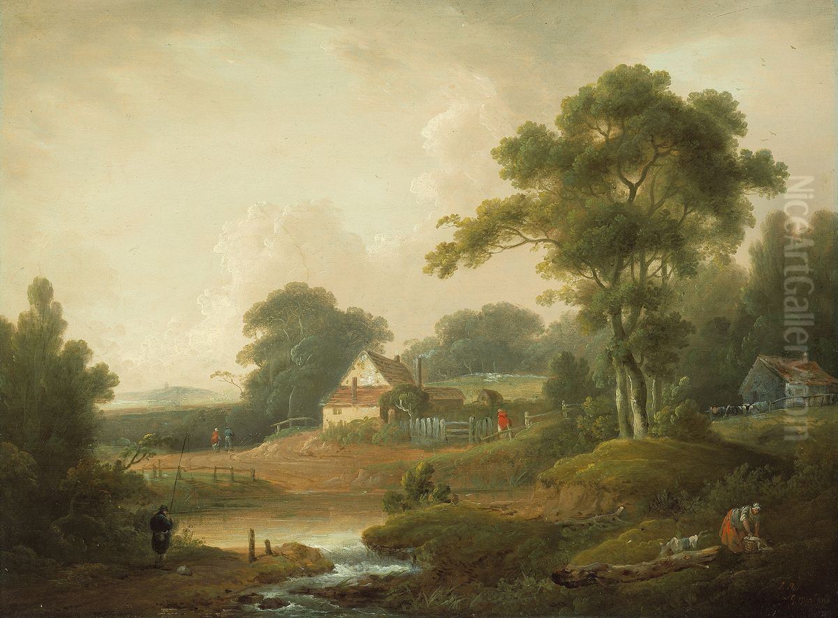 Landscape with Fisherman and Washerwoman Oil Painting by John Rathbone Landscape with Fisherman and Washerwoman Oil Painting by John Rathbone