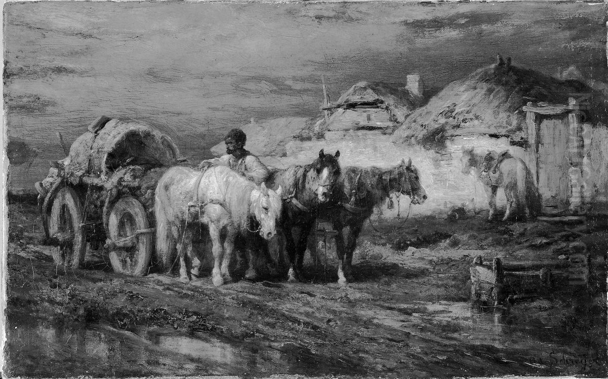 Peasants and Horses Oil Painting by Adolf Schreyer