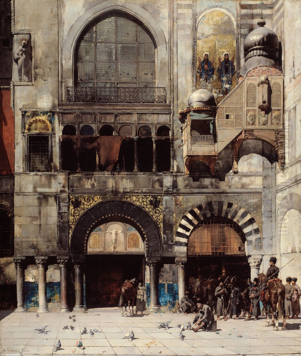 Circassian Cavalry Awaiting their Commanding Officer at the Door of a Byzantine Monument; Memory of the Orient Oil Painting by Alberto Pasini Circassian Cavalry Awaiting their Commanding Officer at the Door of a Byzantine Monument; Memory of the Orient Oil Painting by Alberto Pasini