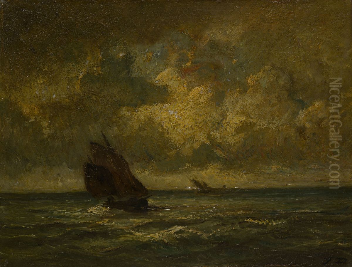 Two Boats in a Storm Oil Painting by Jules Dupre