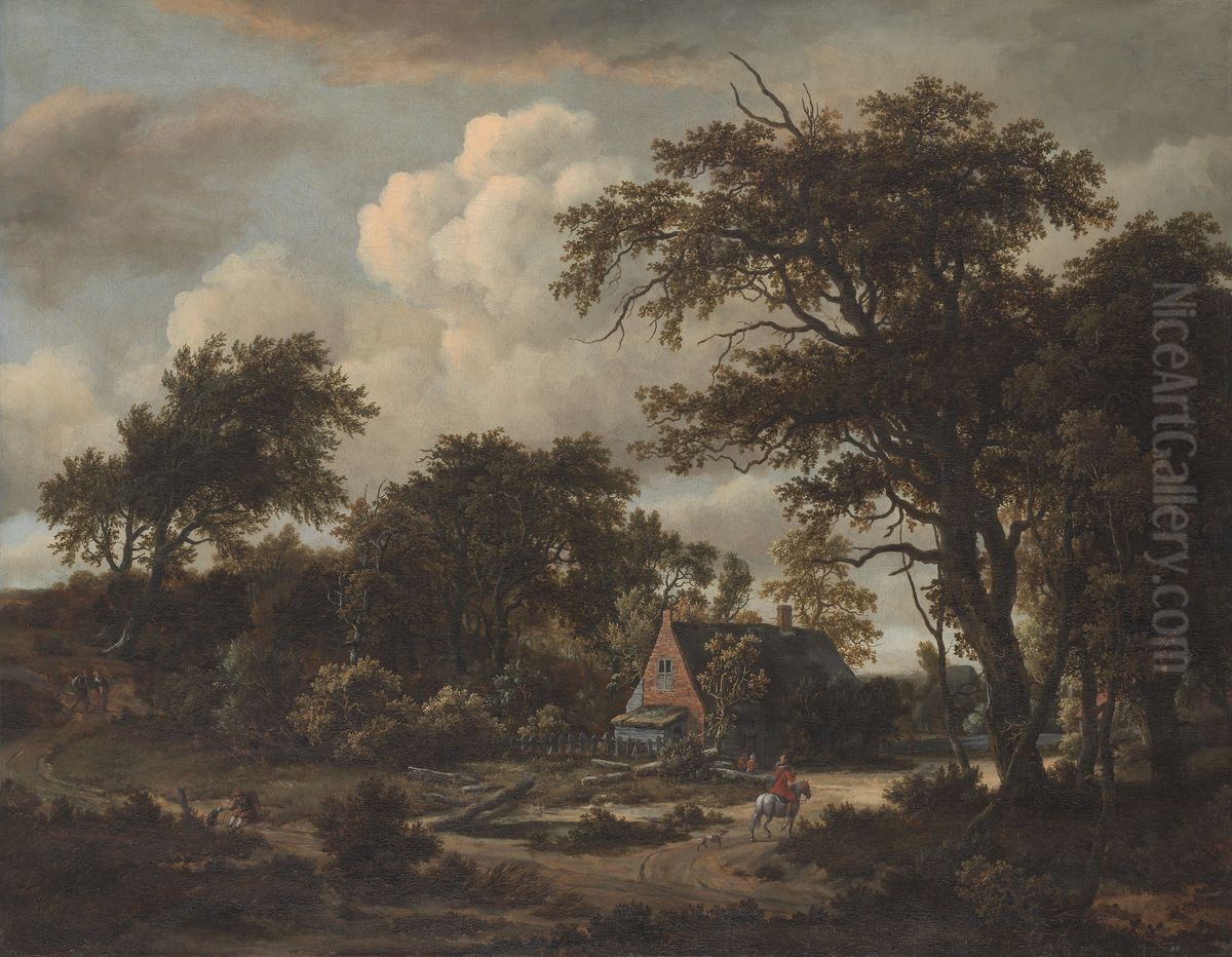 Wooded Landscape with Cottage and Horseman Oil Painting by Meindert Hobbema
