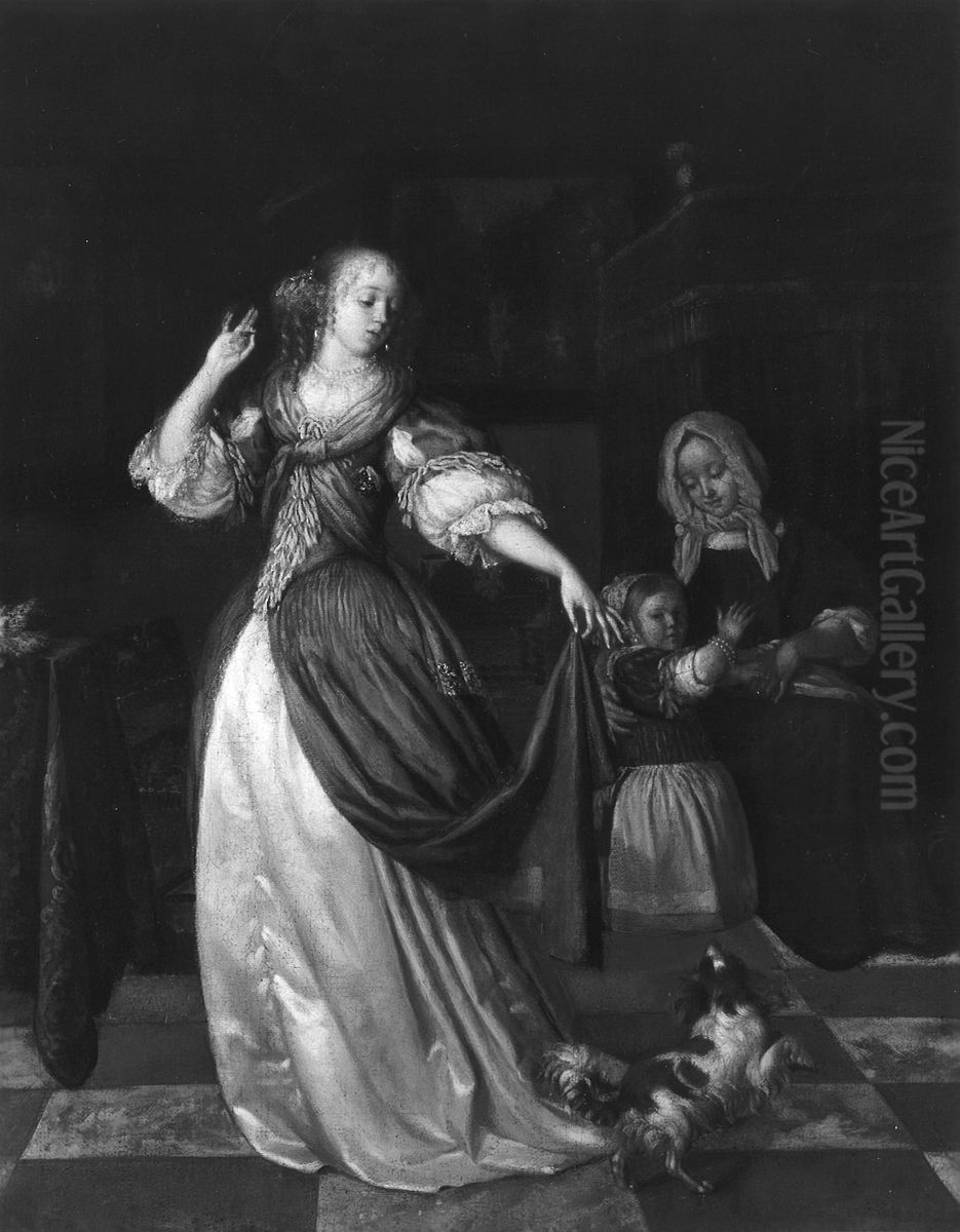 Lady Playing with a Dog Oil Painting by Eglon van der Neer