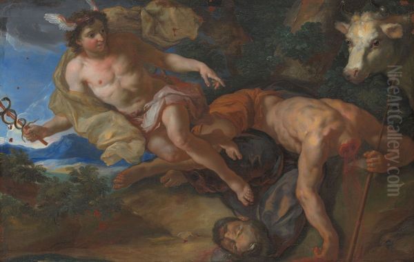 Mercury rescues the disguised Io after beheading Argus Oil Painting by Johann Michael Rottmayr