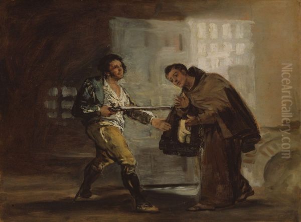 Friar Pedro Offers Shoes to El Maragato and Prepares to Push Aside His Gun Oil Painting by Francisco Goya Fuendetodos