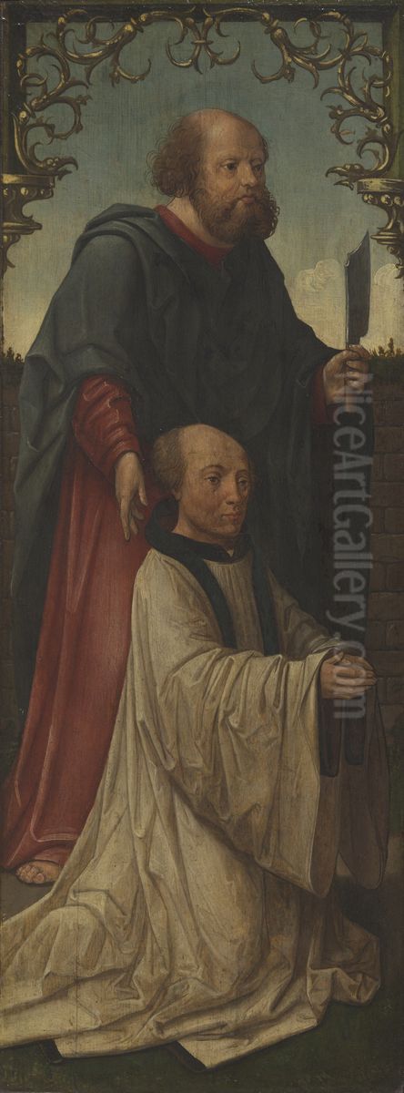 Saint Matthias (?) and a Donor; Saint Andrew (reverse) Oil Painting by Jacob Cornelisz van Oostsanenand workshop