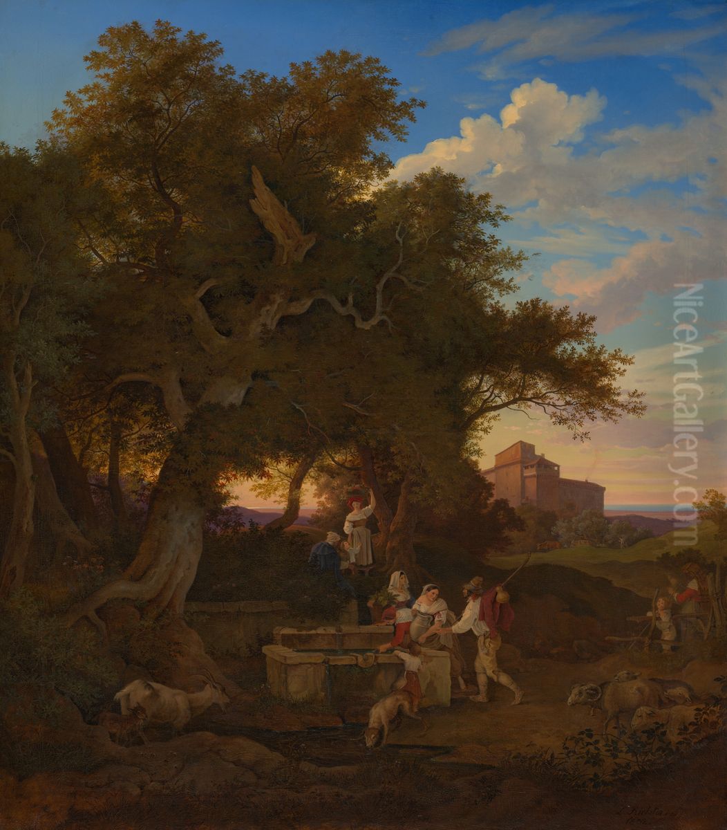 The Fountain at Grottaferrata Oil Painting by Ludwig Richter