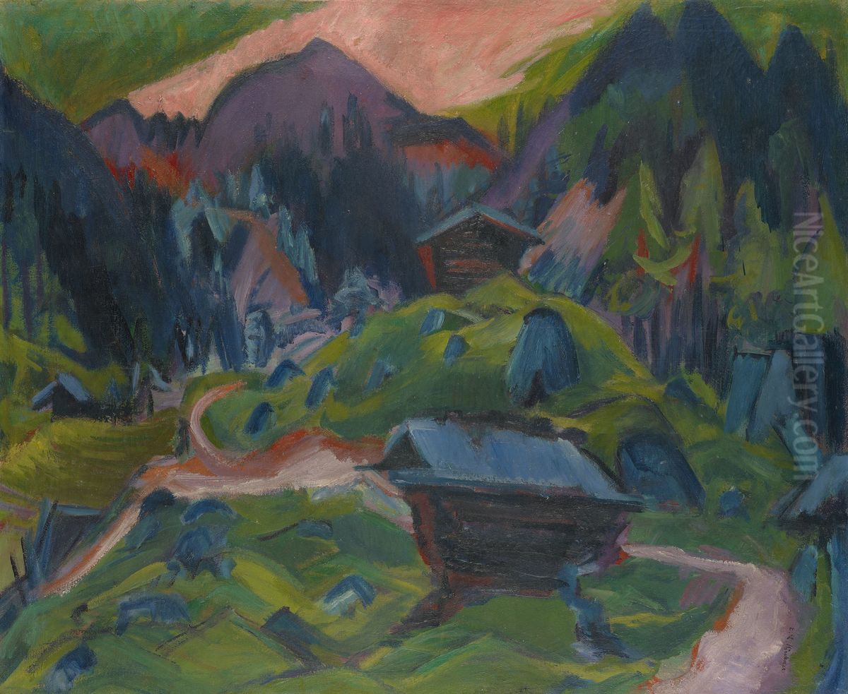 Kummeralp Mountain and Two Sheds Oil Painting by Ernst Ludwig Kirchner