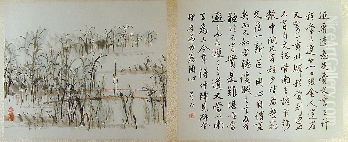 Bridge on a Reed Pond, from an album of Landscapes and Calligraphy for Liu Songfu Oil Painting by Xu Gu