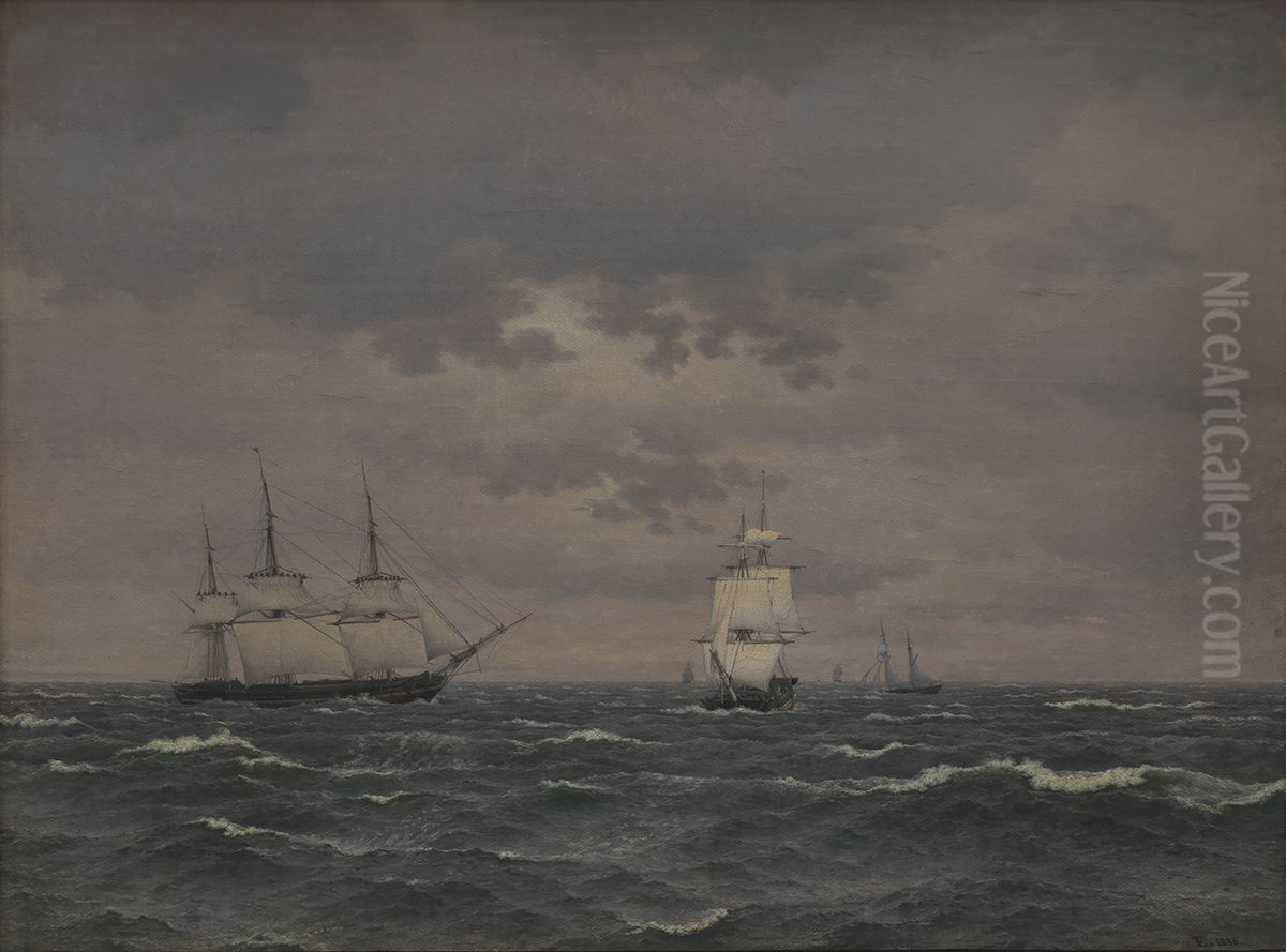 En korvet, som indtager reb i merssejlene i en tiltagende kuling og nogle andre sejlere Oil Painting by Christoffer Wilhelm Eckersberg