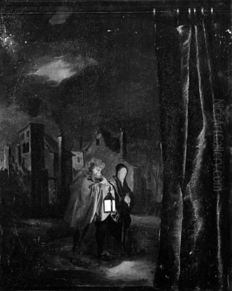 Returned Family in a Moonlit Square Oil Painting by Gerrit Lundens