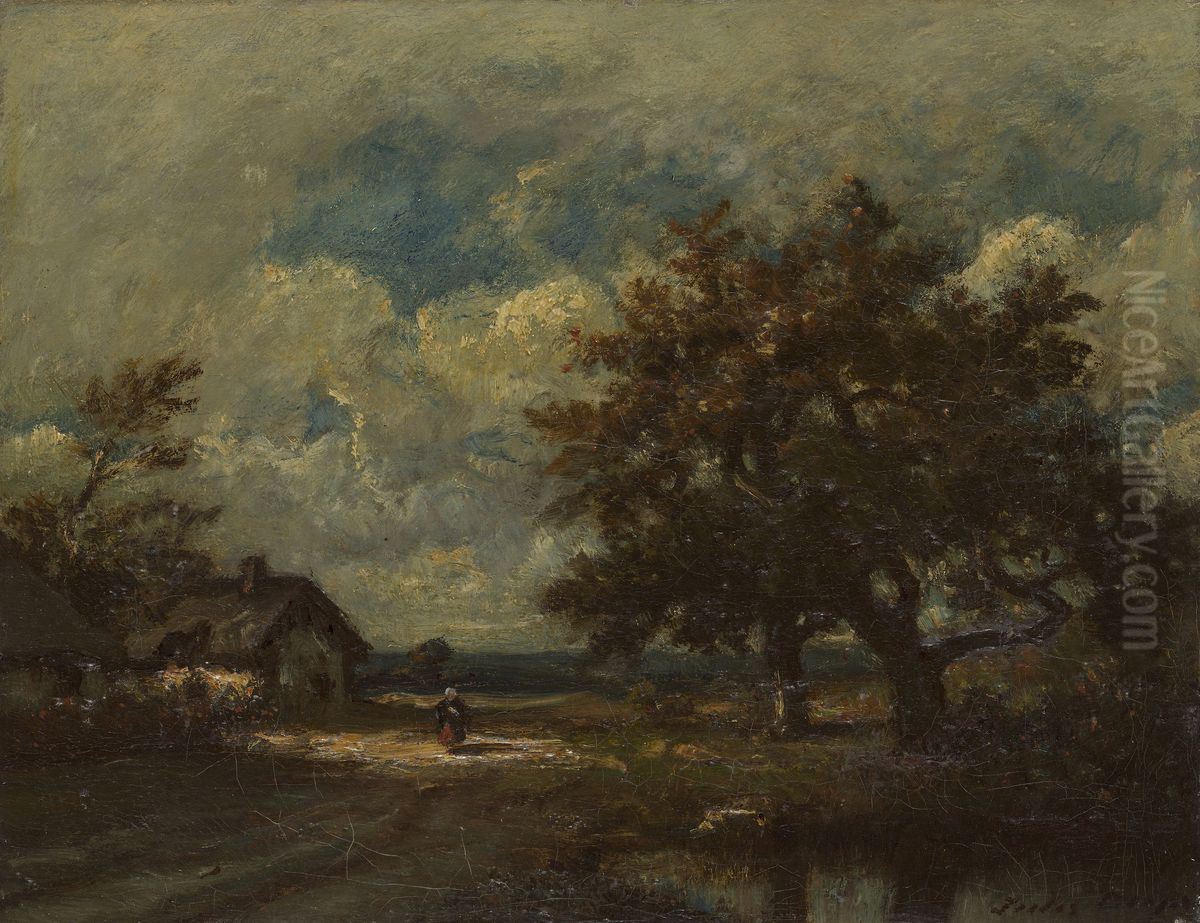 The Cottage by the Roadside, Stormy Sky Oil Painting by Jules Dupre