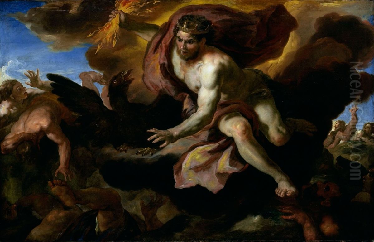 Jove casts his Thunderbolts at the Rebellious Giants Oil Painting by Johann Michael Rottmayr