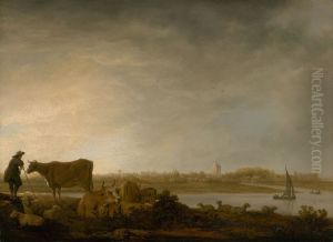 A View of Vianen with a Herdsman and Cattle by a River