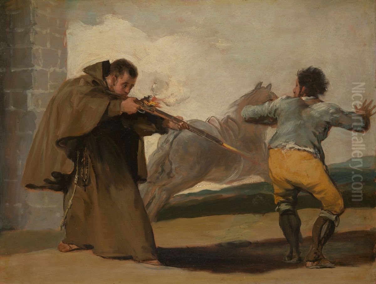 Friar Pedro Shoots El Maragato as His Horse Runs Off Oil Painting by Francisco Goya Fuendetodos