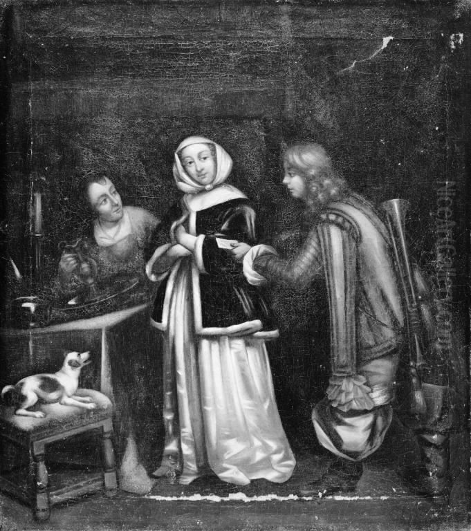 A Trumpeter delivering a Letter to a Lady Oil Painting by Gerard Ter Borch