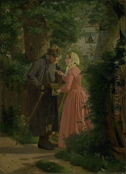 En ung pige beder landsbyens gamle postbud besorge et brev Oil Painting by Christen Dalsgaard