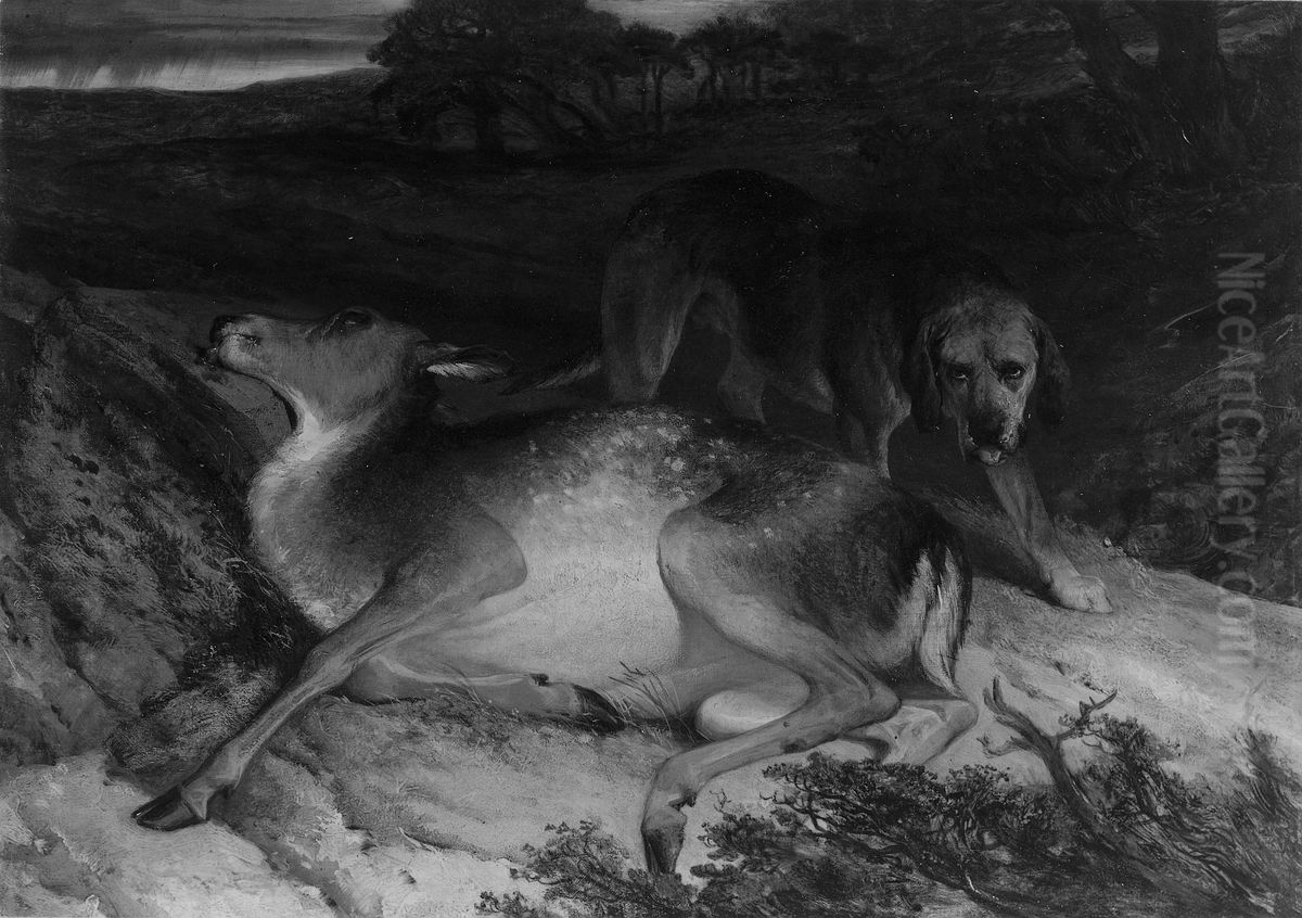 Wounded Stag and Dog Oil Painting by Sir Edwin Henry Landseer