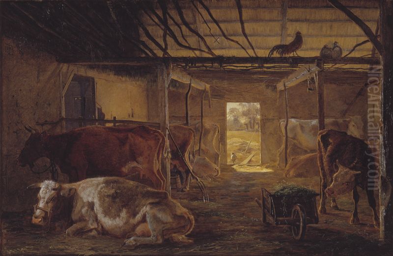 A Cowshed on a Farm at Vejby, Zealand Oil Painting by Johan Lundbye