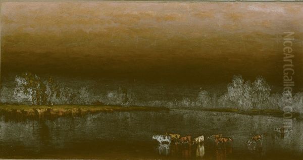 Cows in a Pond at Sunset Oil Painting by Sanford Robinson Gifford