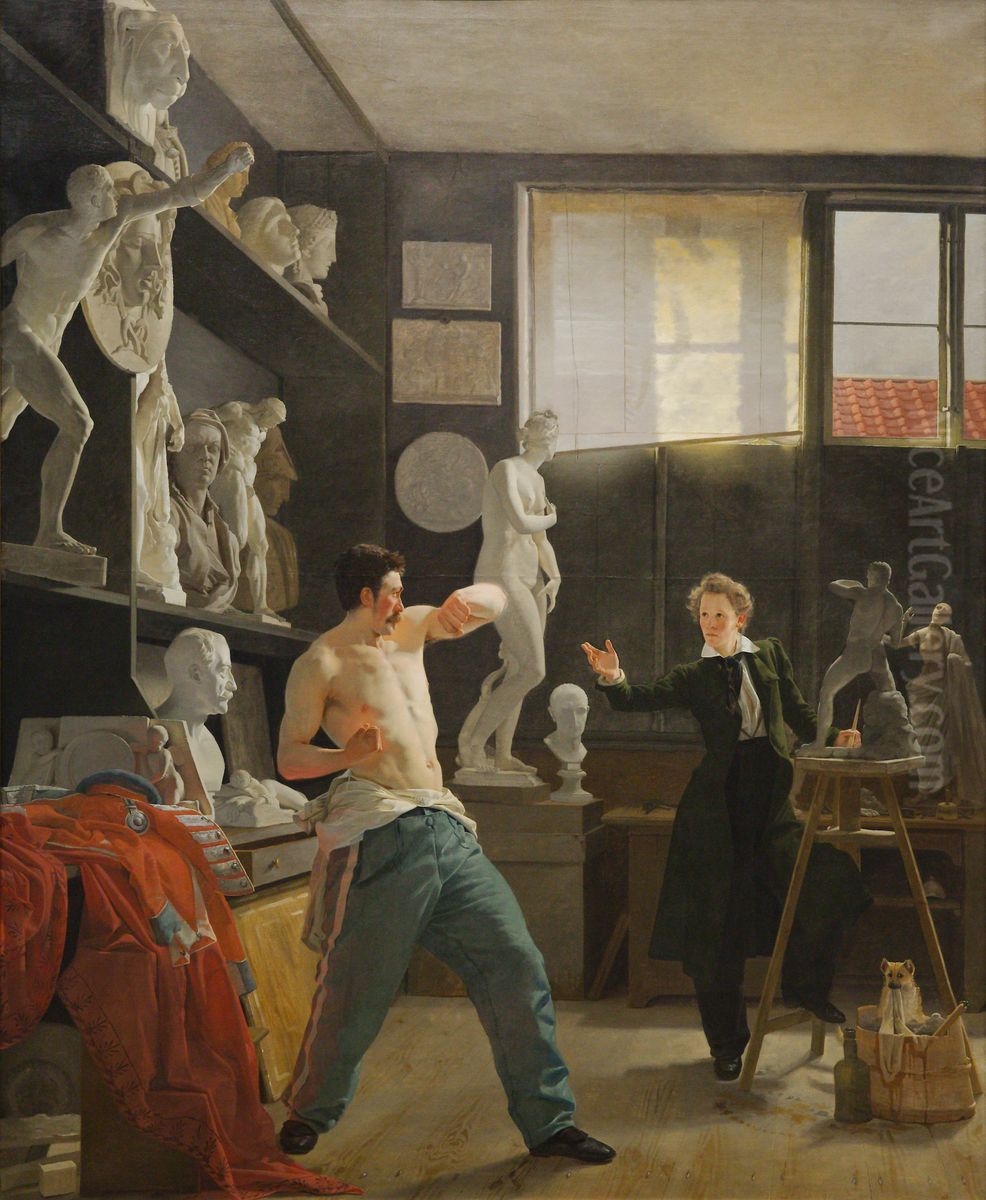 En billedhugger (Christen Christensen) arbejder efter levende model i sit atelier Oil Painting by Wilhelm Bendz