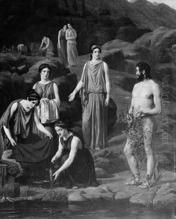 Nausikaa bringer den skibbrudne Odysseus klaeder Oil Painting by Wilhelm Marstrand