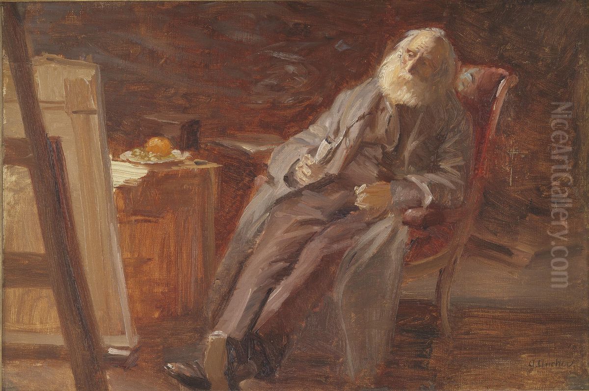 The Painter Vilhelm Kyhn smoking his pipe Oil Painting by Anna Ancher