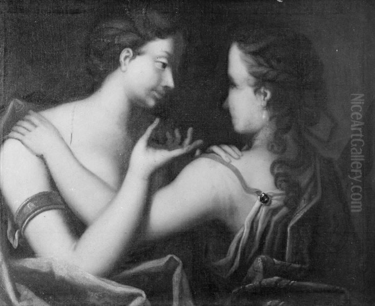 Tvende fruentimmere, halve figurer, conversere Oil Painting by Jacques d'Agar