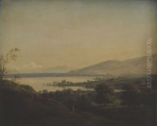 Udsigt over Lac Leman mod Mont Blanc og Geneve Oil Painting by Jens Juel
