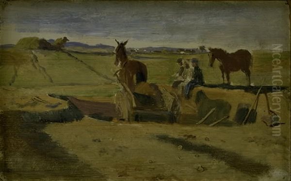 Mergling af Vallekilde praestegardsmark, i baggrunden Hankehoj Oil Painting by Johan Lundbye