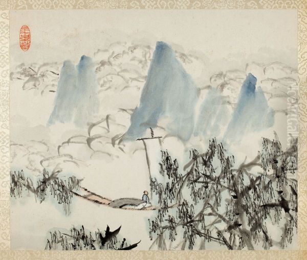 Landscape with Figure, from an album of Landscapes and Calligraphy for Liu Songfu Oil Painting by Xu Gu