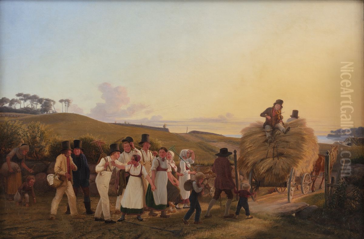 Bonder vender hjem fra marken med det sidste laes korn Oil Painting by Hans Jorgen Hammer