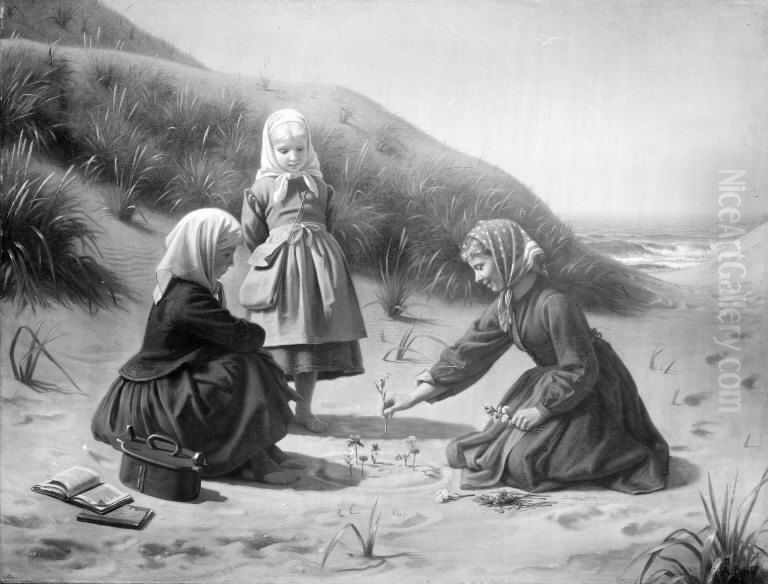 Smapiger som leger i klitterne pa vej hjem fra skole Oil Painting by Anton Dorph