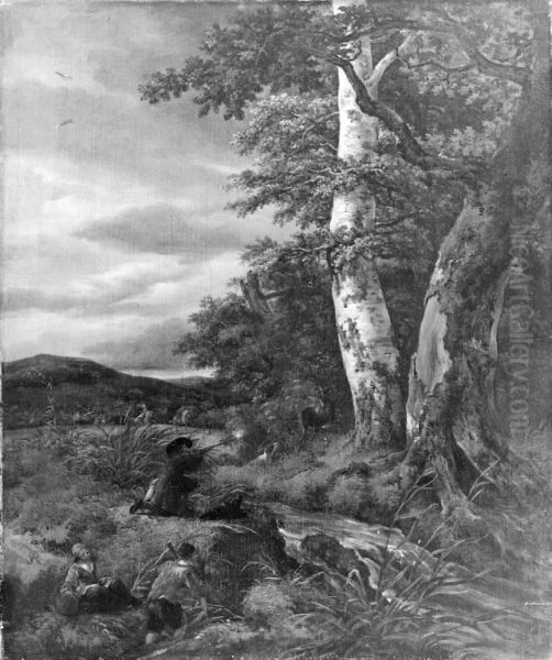 Landscape with a hunting scene Oil Painting by Jacob Van Ruisdael
