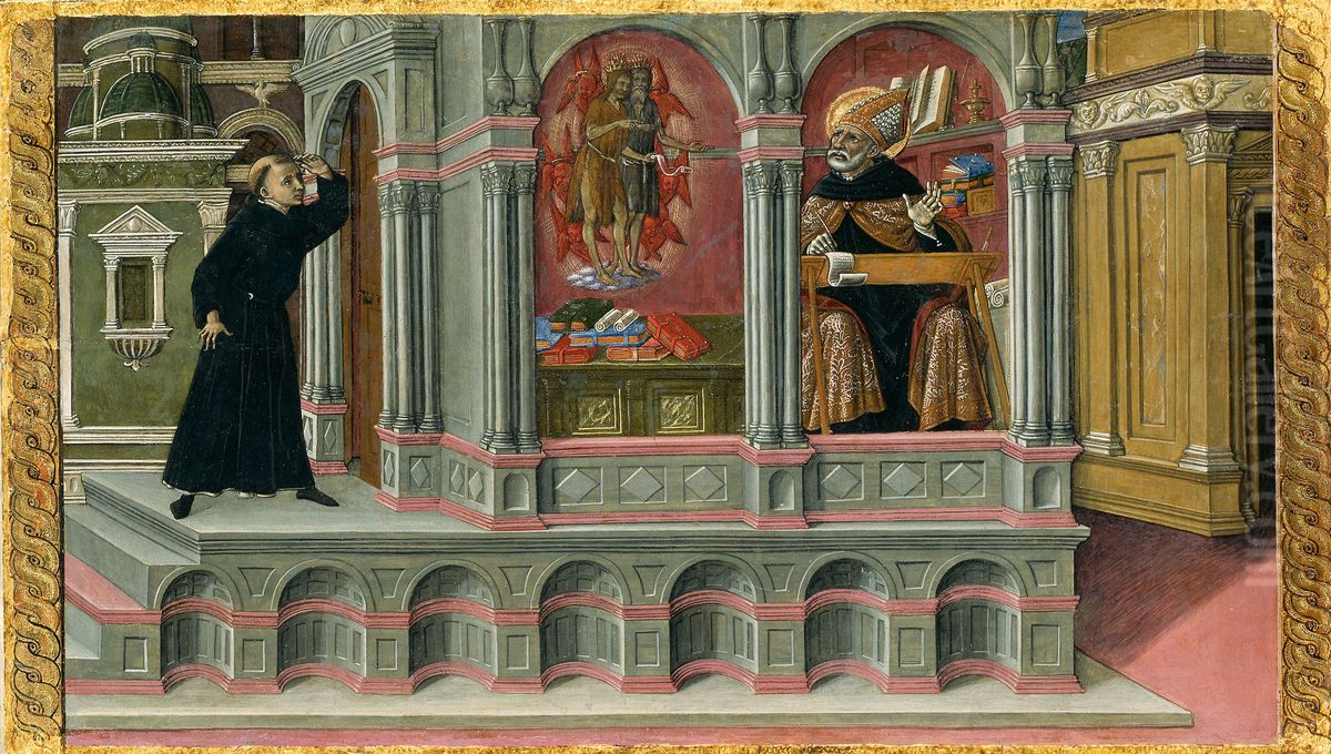 Saint Augustine's Vision of Saints Jerome and John the Baptist Oil Painting by Matteo Di Giovanni