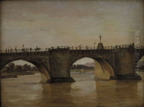 The Augustus Bridge in Dresden Oil Painting by Johan Wilhelm Ludwig Dahl