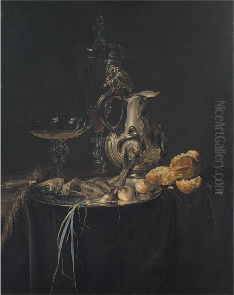 Still Life. Breakfast Piece with a Silver Jug Oil Painting by Willem Van Aelst