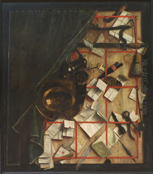 Trompe l'oeil. Letter Rack with a Barber-Surgeon's Instruments Oil Painting by Cornelis Norbertus Gijsbrechts