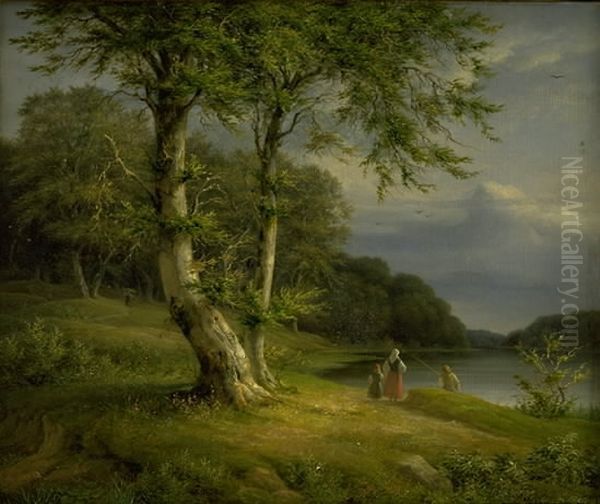 Wooded landscape near Lake Bagsvaerd Oil Painting by Johan Ludwig Lund