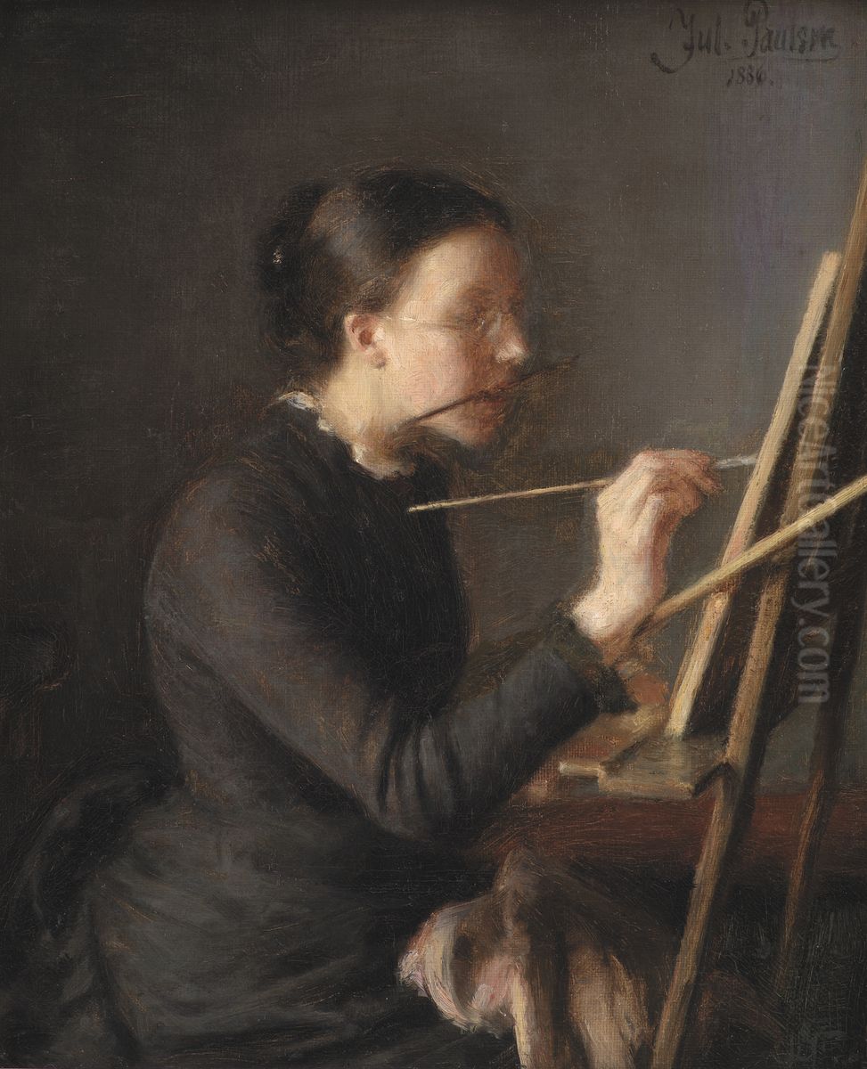 Malerinden Agnes Paulsen, kunstnerens soster, ved staffeliet Oil Painting by Julius Paulsen